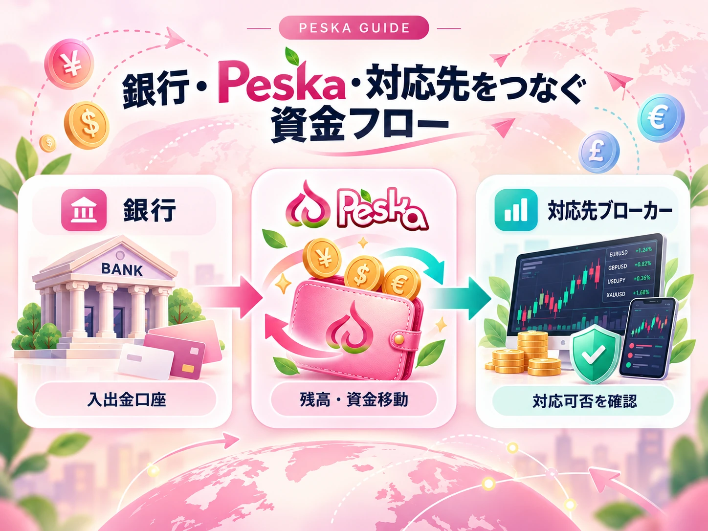 銀行・Peska・対応ブローカーの役割を分けた資金ルートの概念図