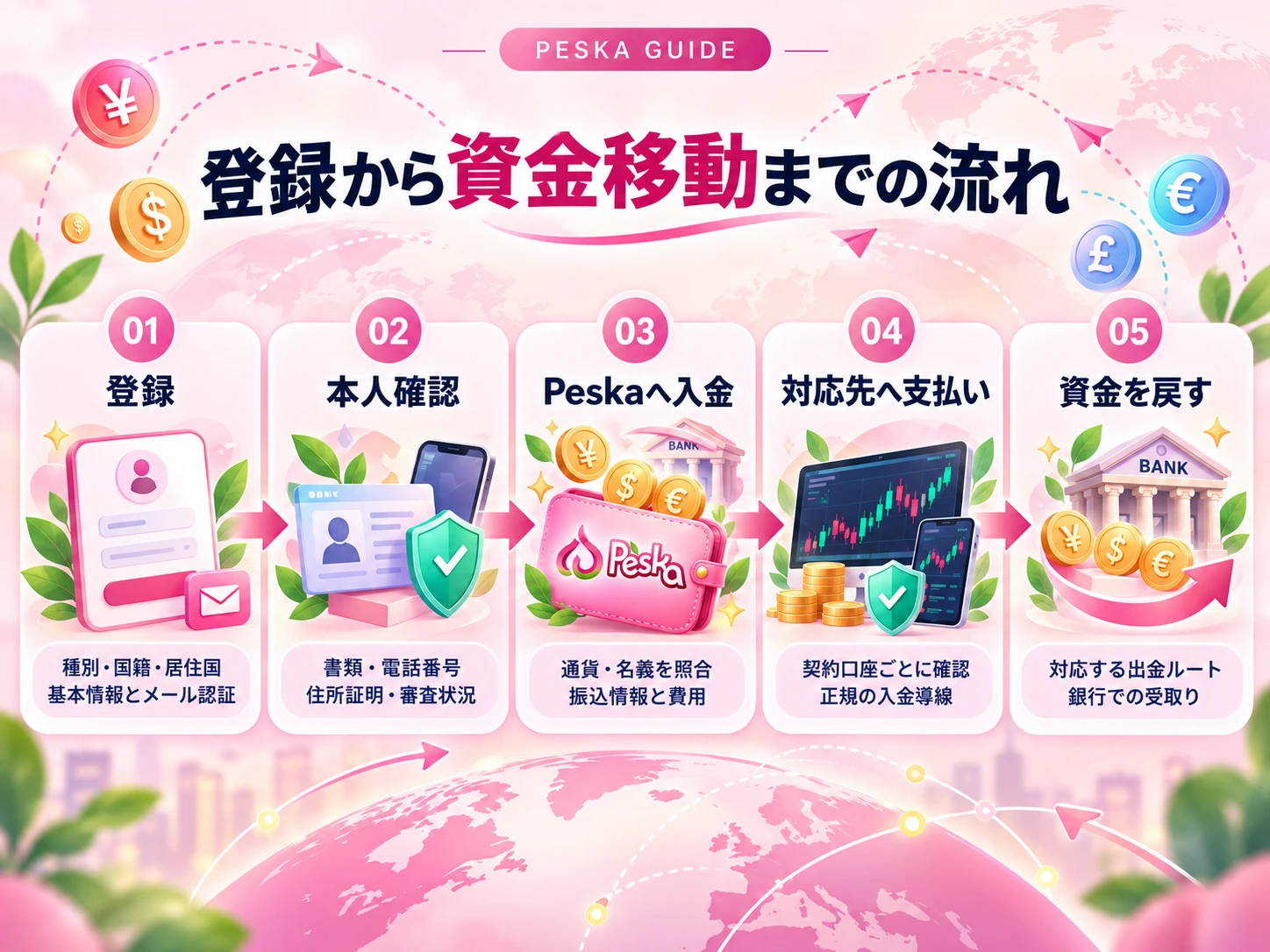 登録、本人確認、Peskaへ入金、対応先への支払い、資金を戻す流れの5ステップ