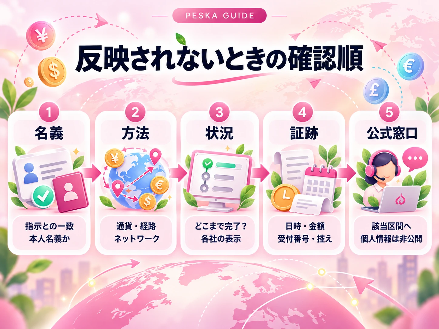 名義、通貨や経路、処理状況、日時と受付番号等の証跡、公式窓口の確認順