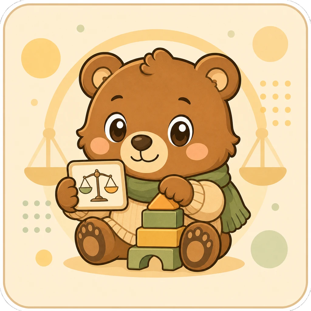 天秤と積み木を持つクマ。トレーダーどうぶつ診断のクマタイプ