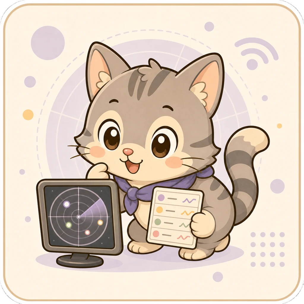 レーダー画面とカードを持つネコ。トレーダーどうぶつ診断のネコタイプ